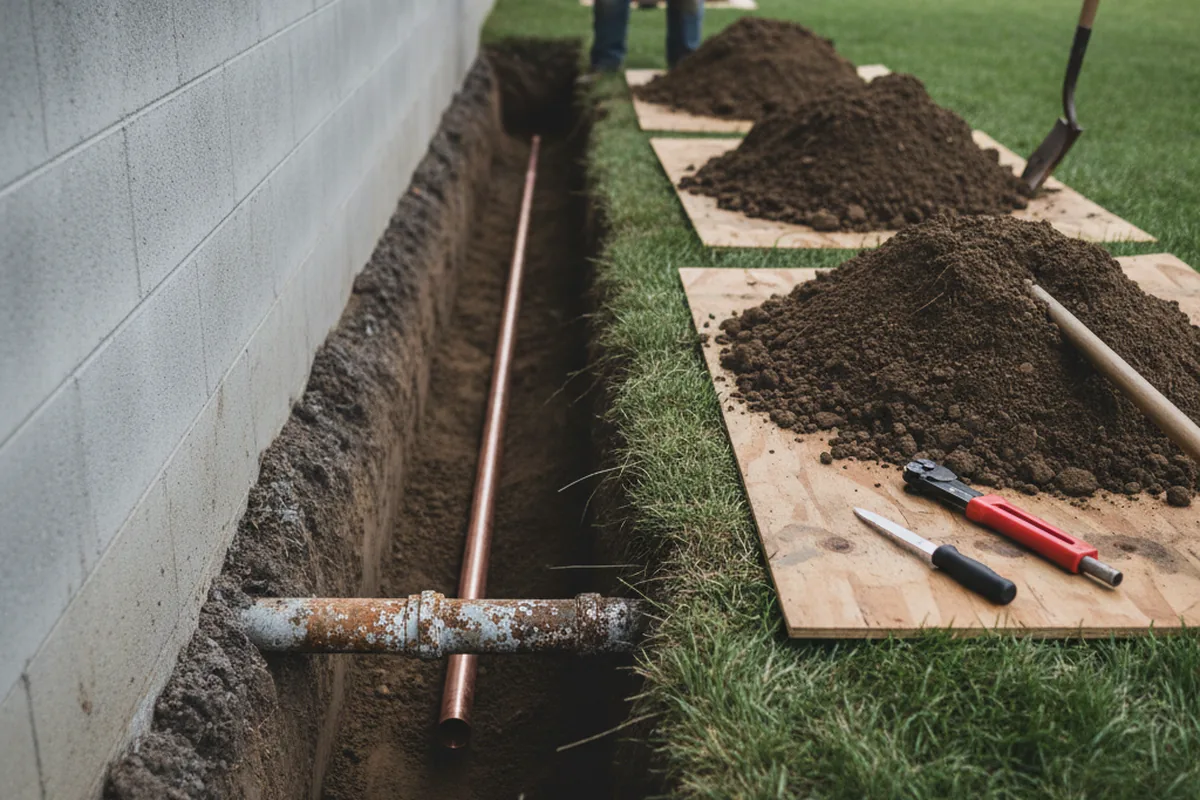Excavated water line trench during Water Heater Repair in Calvert